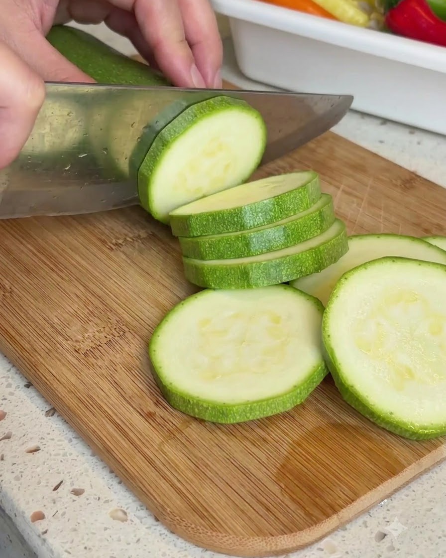 Une courgette verte coupée en rondelles épaisses sur une planche à découper en bois avec un couteau.