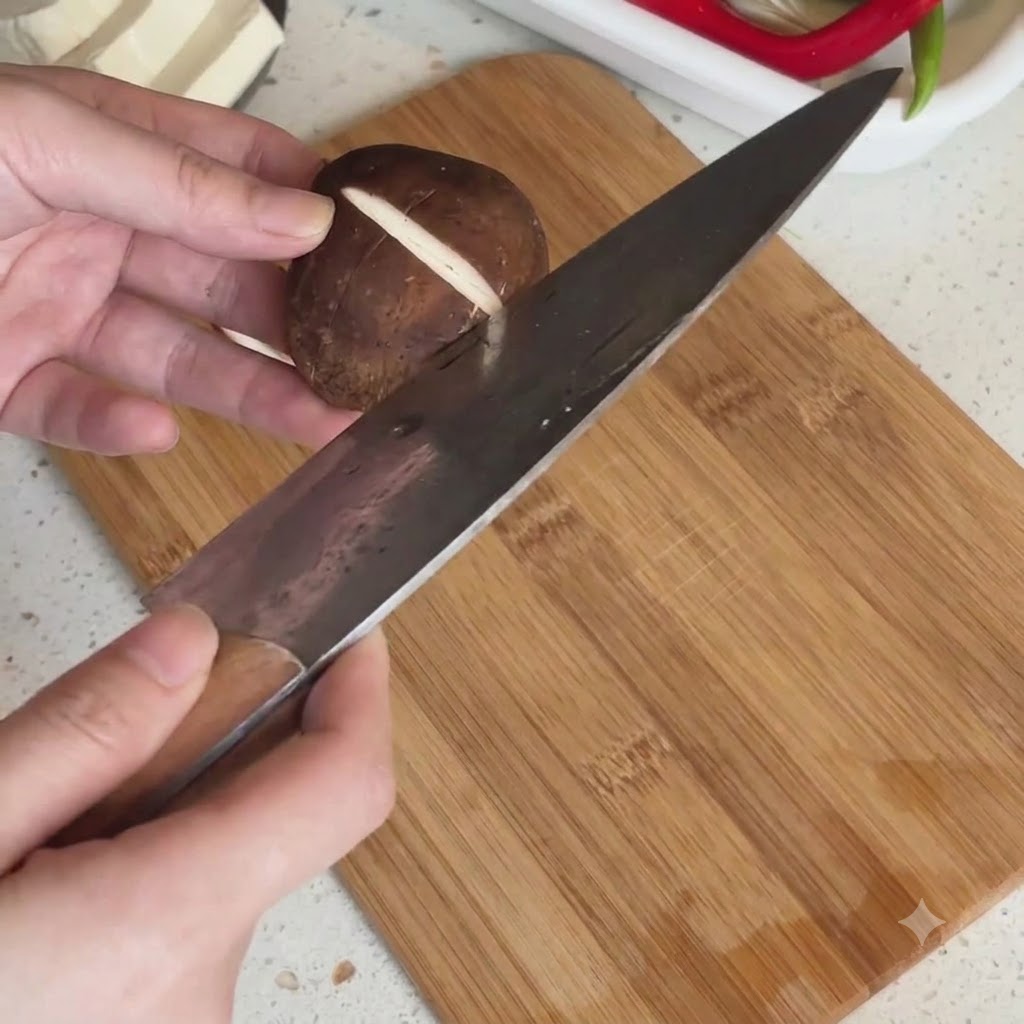 Le chapeau dun champignon shiitake frais incisé avec un couteau pour former un motif en croix.