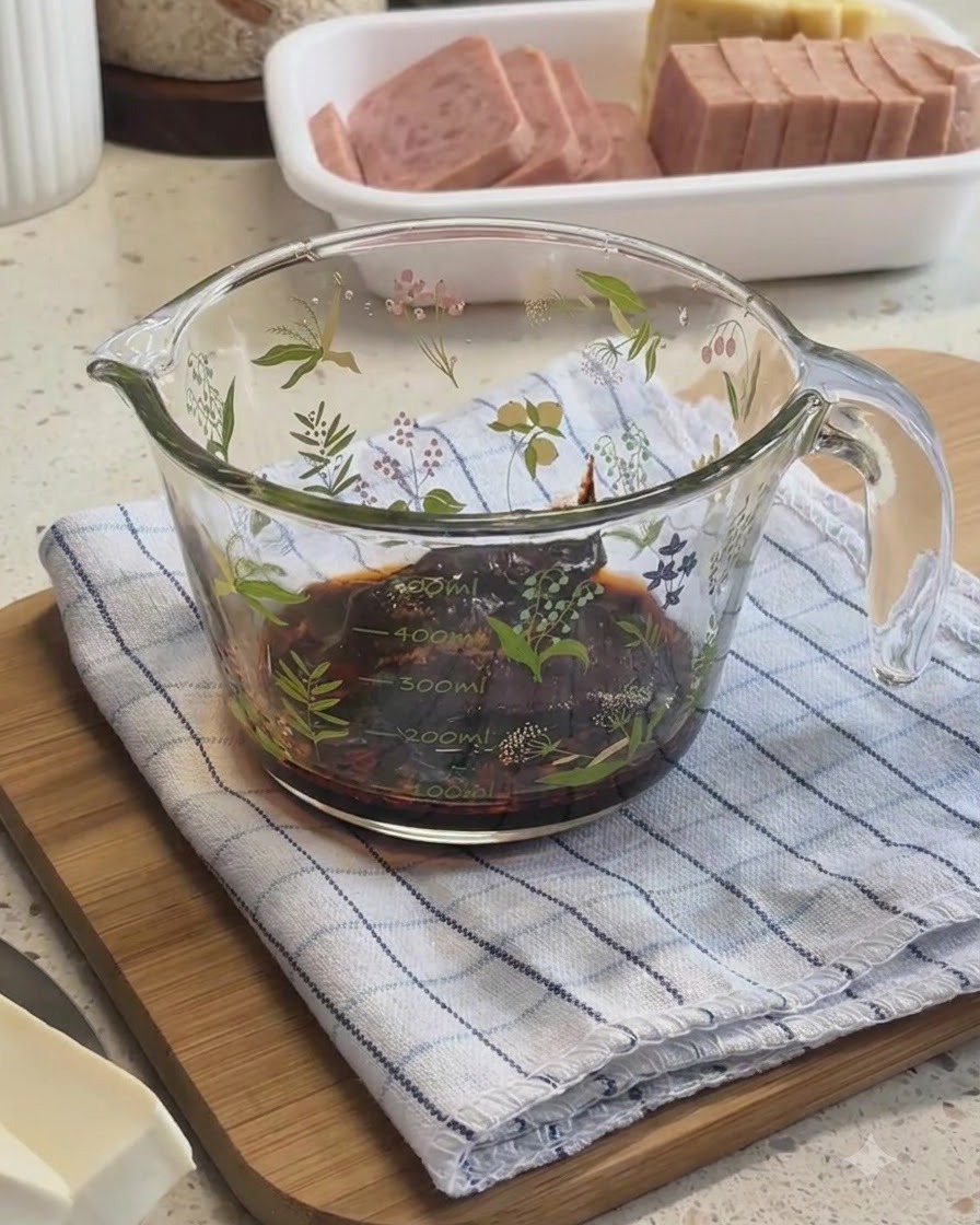 Des ingrédients mélangés dans un verre mesureur pour former la base de sauce du ragoût.