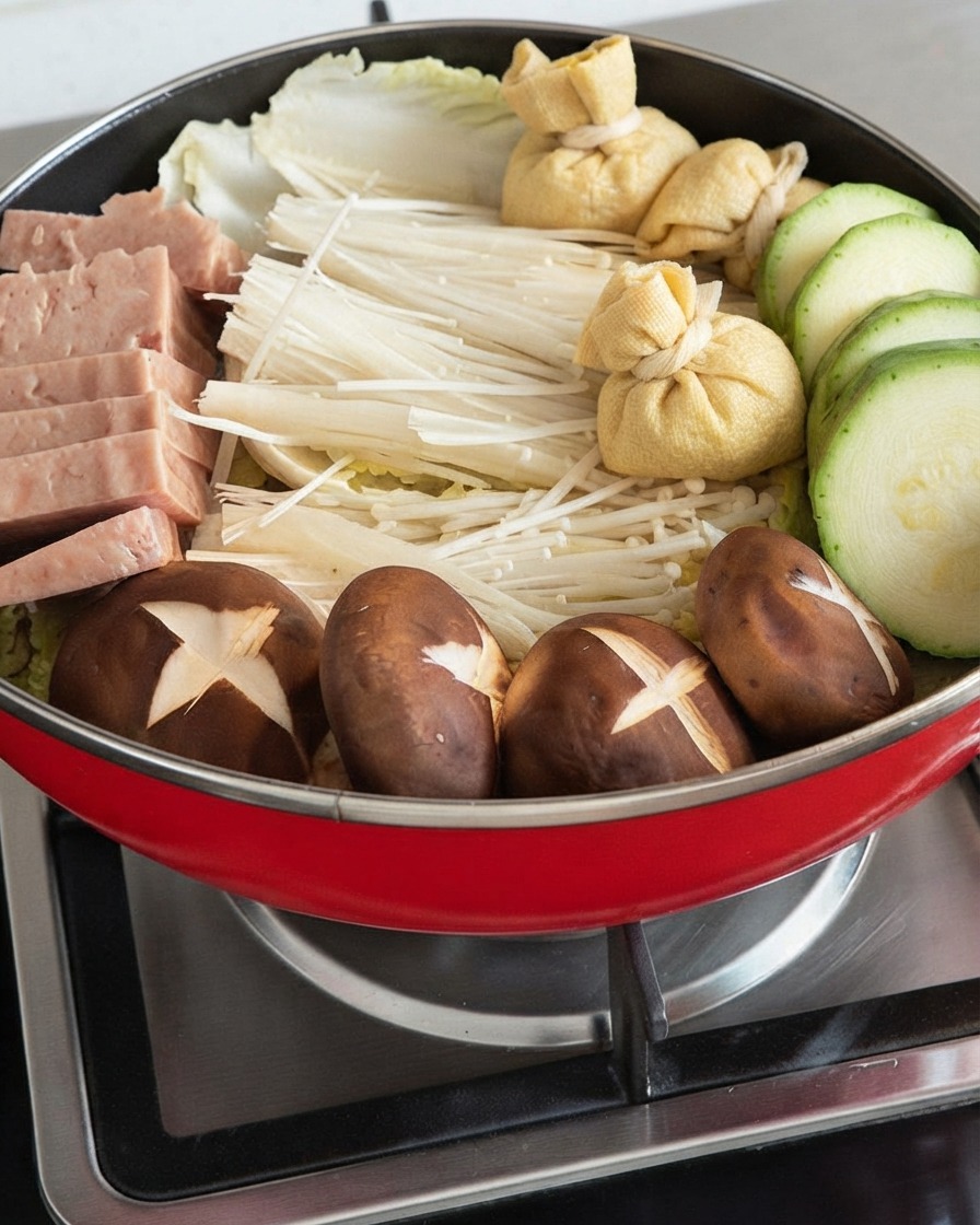 Courgettes tranchées, viande de luncheon, champignons enoki, champignons shiitakes et nœuds de peau de tofu joliment disposés dans une casserole.