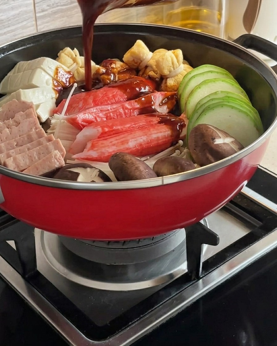 Une sauce rouge riche et épicée versée sur les ingrédients disposés dans la casserole du ragoût.