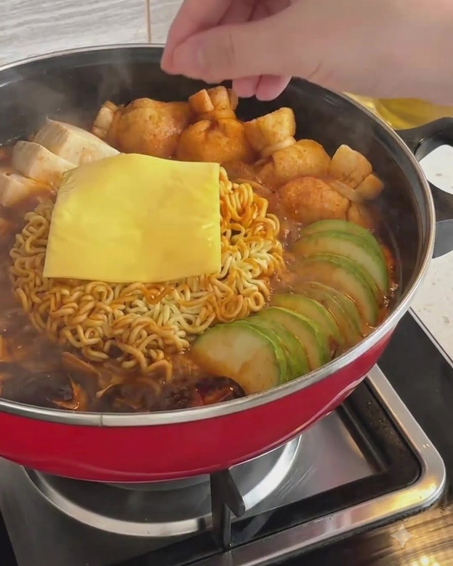 Une tranche carrée de fromage jaune reposant sur le dessus des nouilles ramen et des ingrédients dans une casserole.