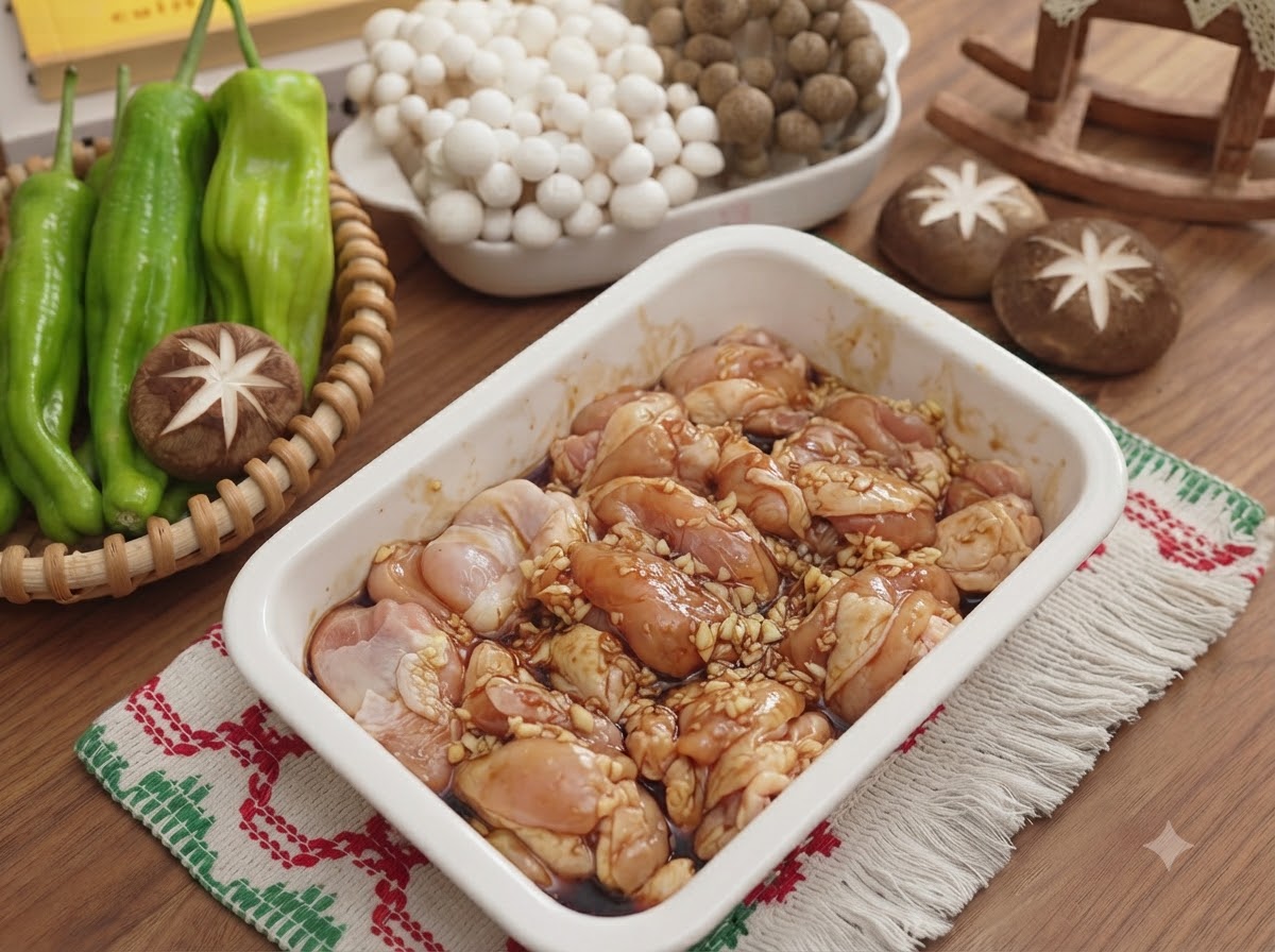 Morceaux de poulet cru mélangés à de lail haché et des sauces dans un récipient en céramique blanche.
