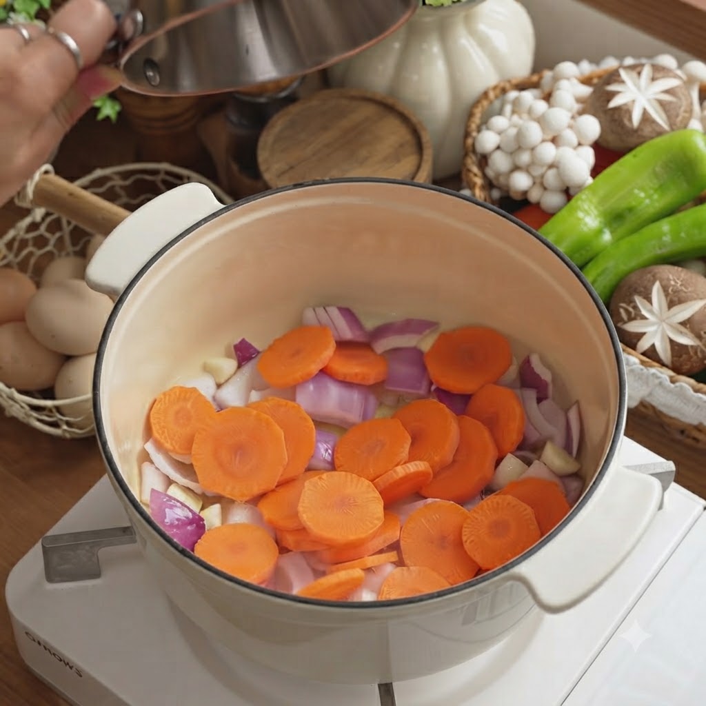 Des morceaux doignon rouge, des carottes tranchées, de lail et du gingembre en train dêtre sautés dans une cocotte émaillée blanche chaude.