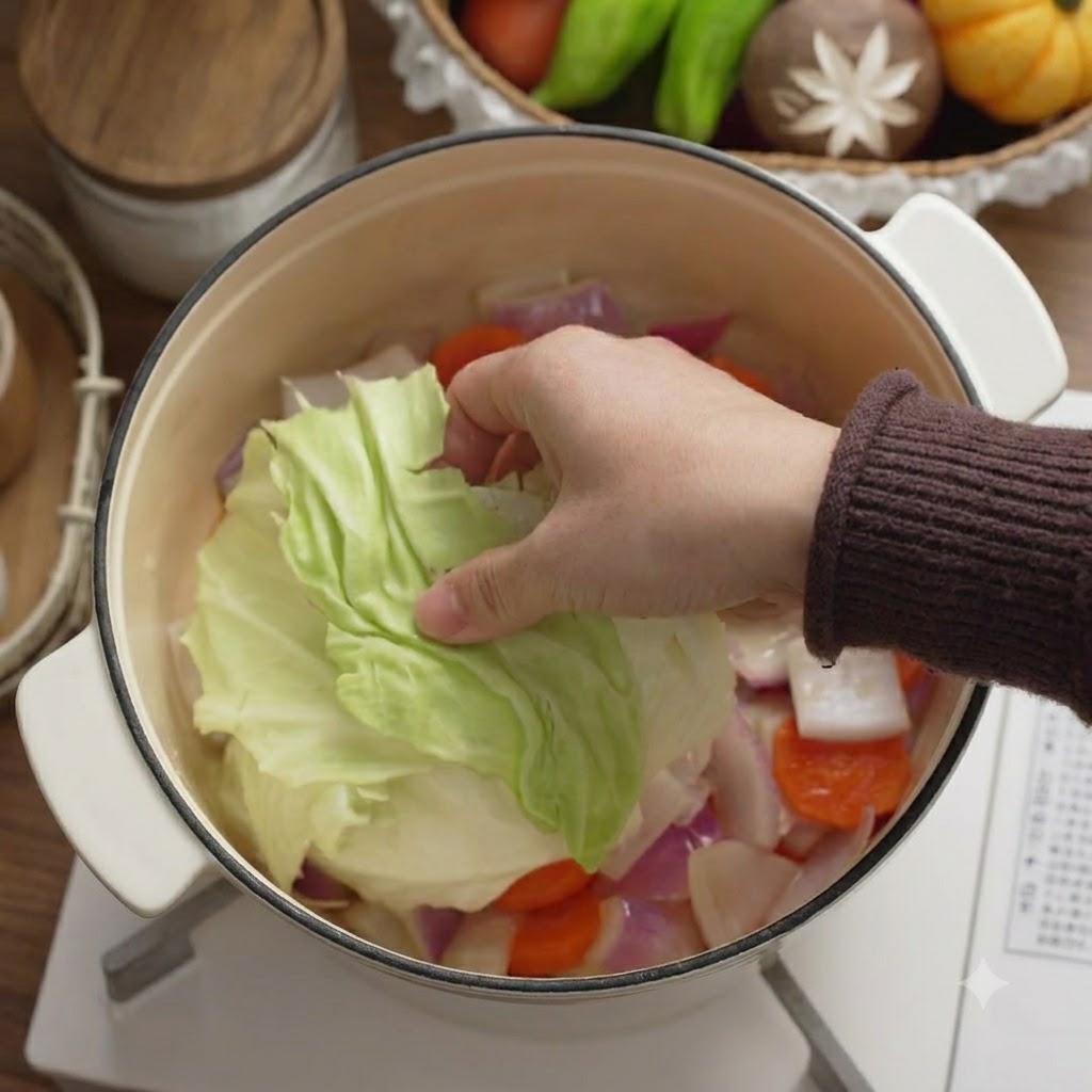 Une main plaçant un morceau de feuille de chou vert frais dans la cocotte émaillée par-dessus les légumes sautés.