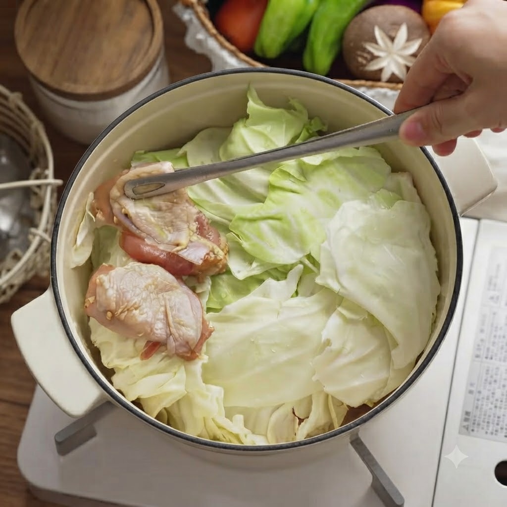 Des morceaux de poulet cru mariné en train dêtre placés sur la couche de chou à lintérieur de la cocotte à laide de pinces.