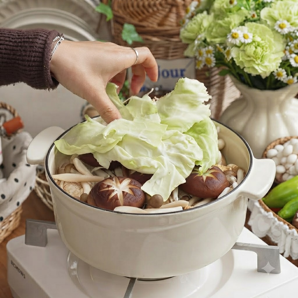 Une main ajoutant la dernière couche épaisse de feuilles de chou vert déchirées par-dessus les champignons et le poulet dans la cocotte.