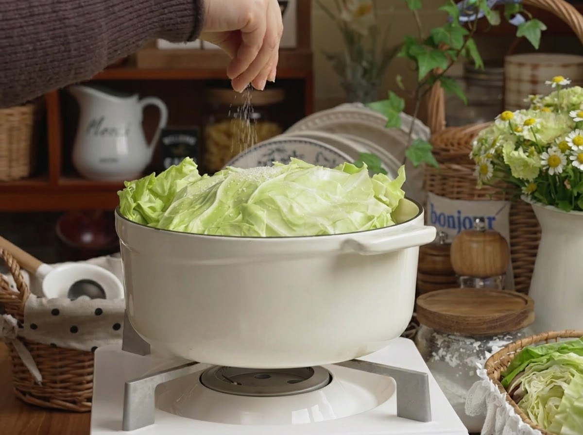Du sel en train dêtre saupoudré du haut vers le bas sur la couche supérieure de chou dans la cocotte blanche.