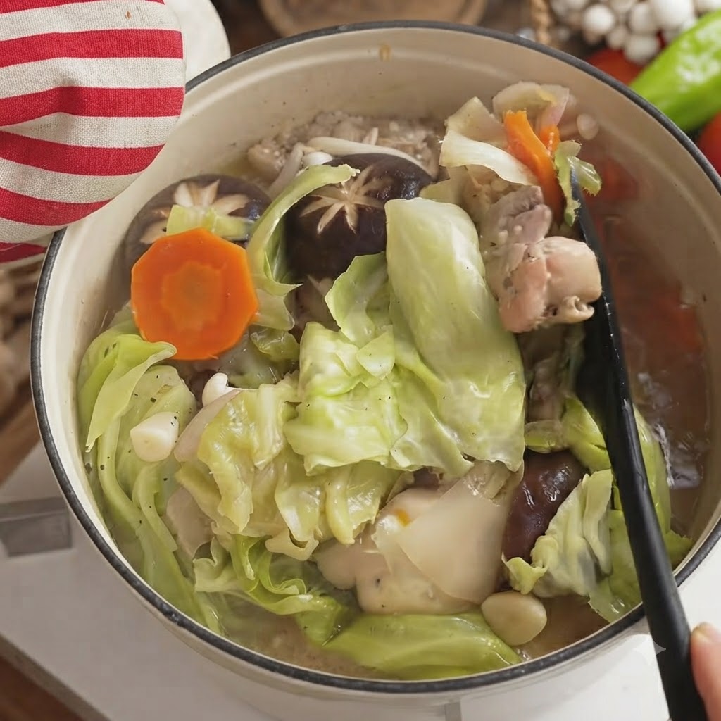 Une louche remuant le chou cuit, les morceaux de poulet et les champignons à lintérieur de la cocotte remplie de bouillon.