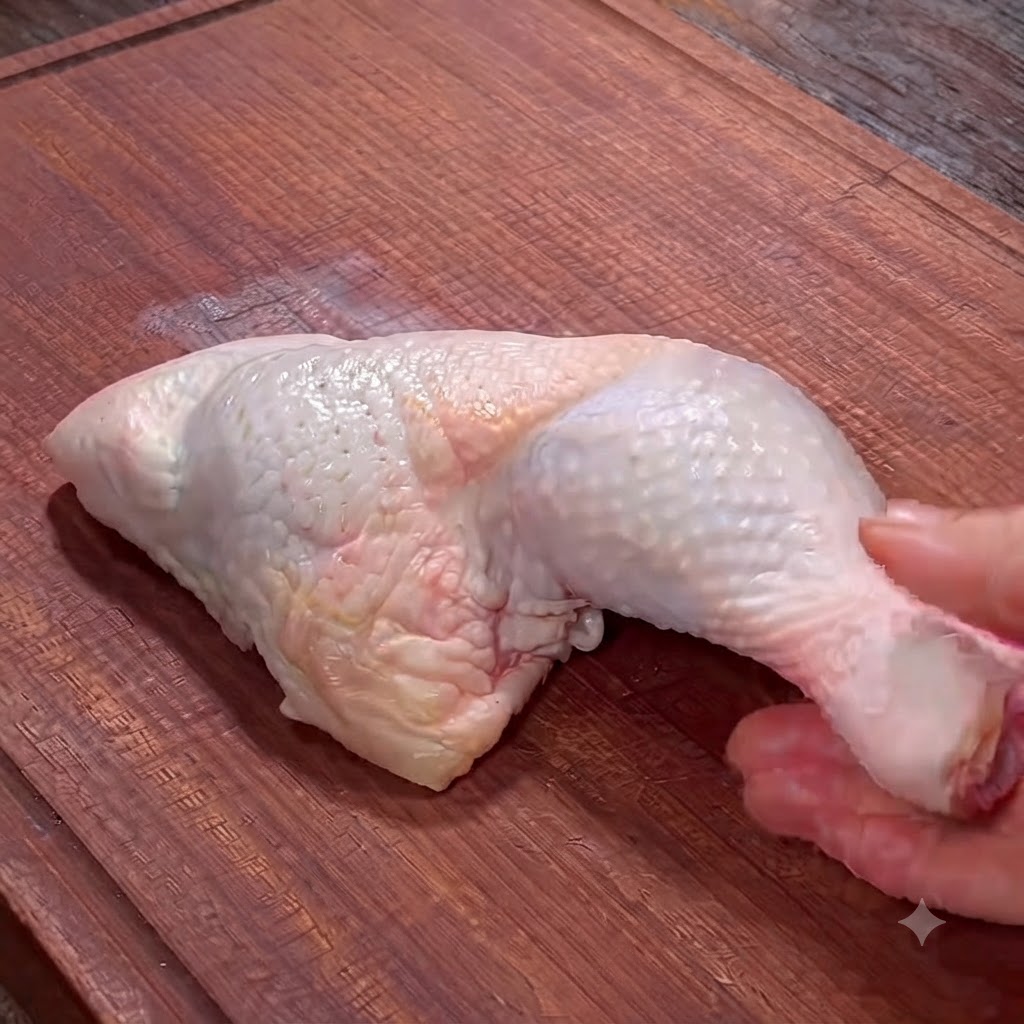Gros plan de mains utilisant des ciseaux de cuisine pour séparer la viande de los dune cuisse de poulet crue sur une planche à découper.