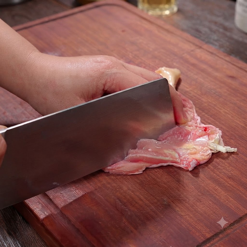 Un couteau de cuisine faisant des entailles peu profondes sur la surface intérieure dune cuisse de poulet désossée sur une planche en bois.