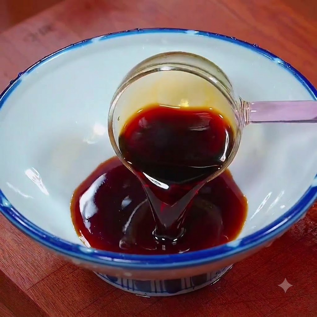 De la sauce soja foncée versée à partir dune petite louche dans un bol pour être mélangée avec dautres assaisonnements liquides.