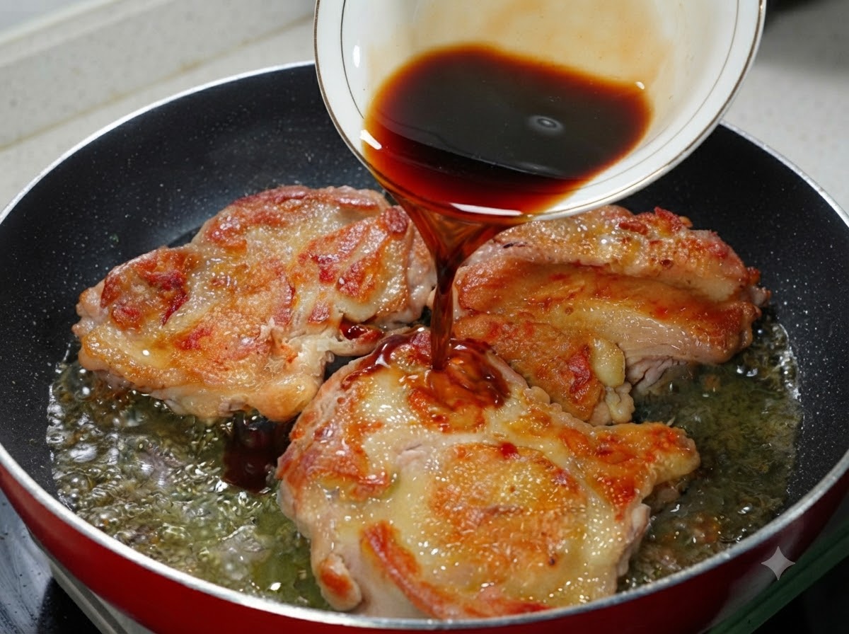 Un bol versant de la sauce teriyaki foncée sur des morceaux de poulet dorés dans une poêle à frire.
