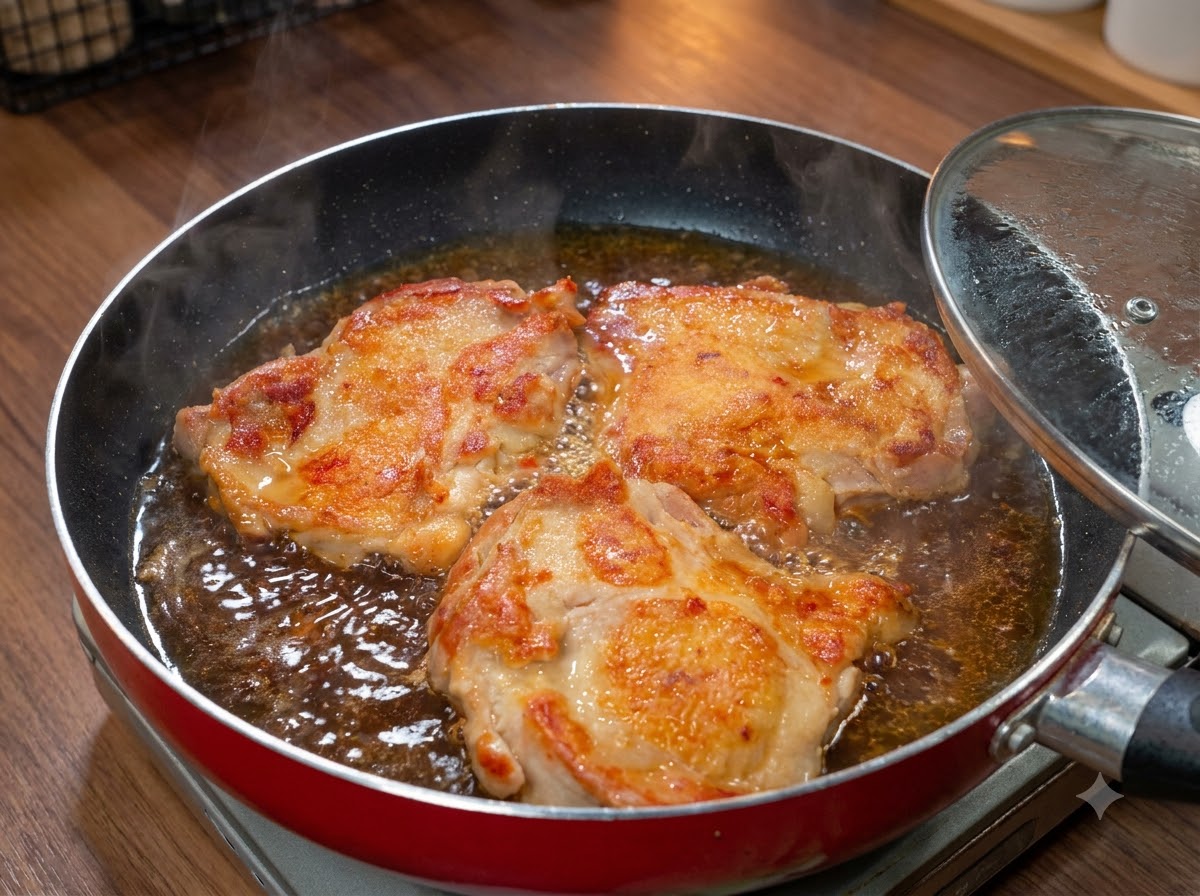 Une poêle de poulet mijotant dans sa sauce avec un couvercle en verre en train dêtre placé dessus.