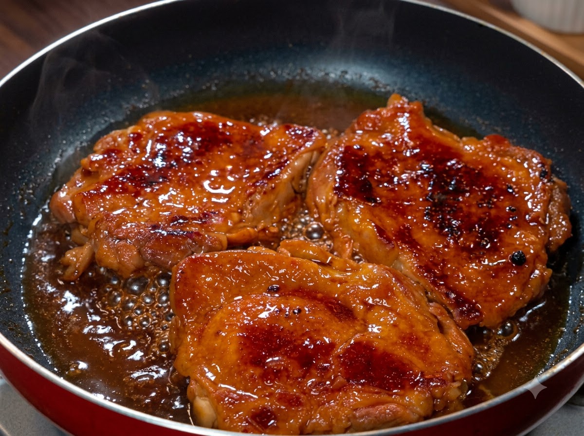 Morceaux de poulet cuisant dans un glaçage épais et bouillonnant à lintérieur dune poêle dont le couvercle a été retiré.
