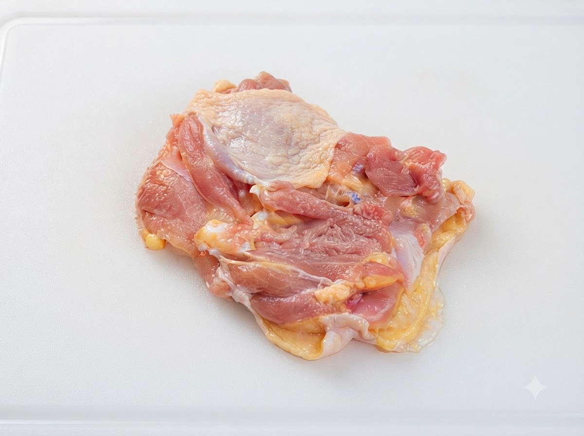 Une cuisse de poulet désossée posée à plat sur une planche à découper blanche, prête à être aplatie.