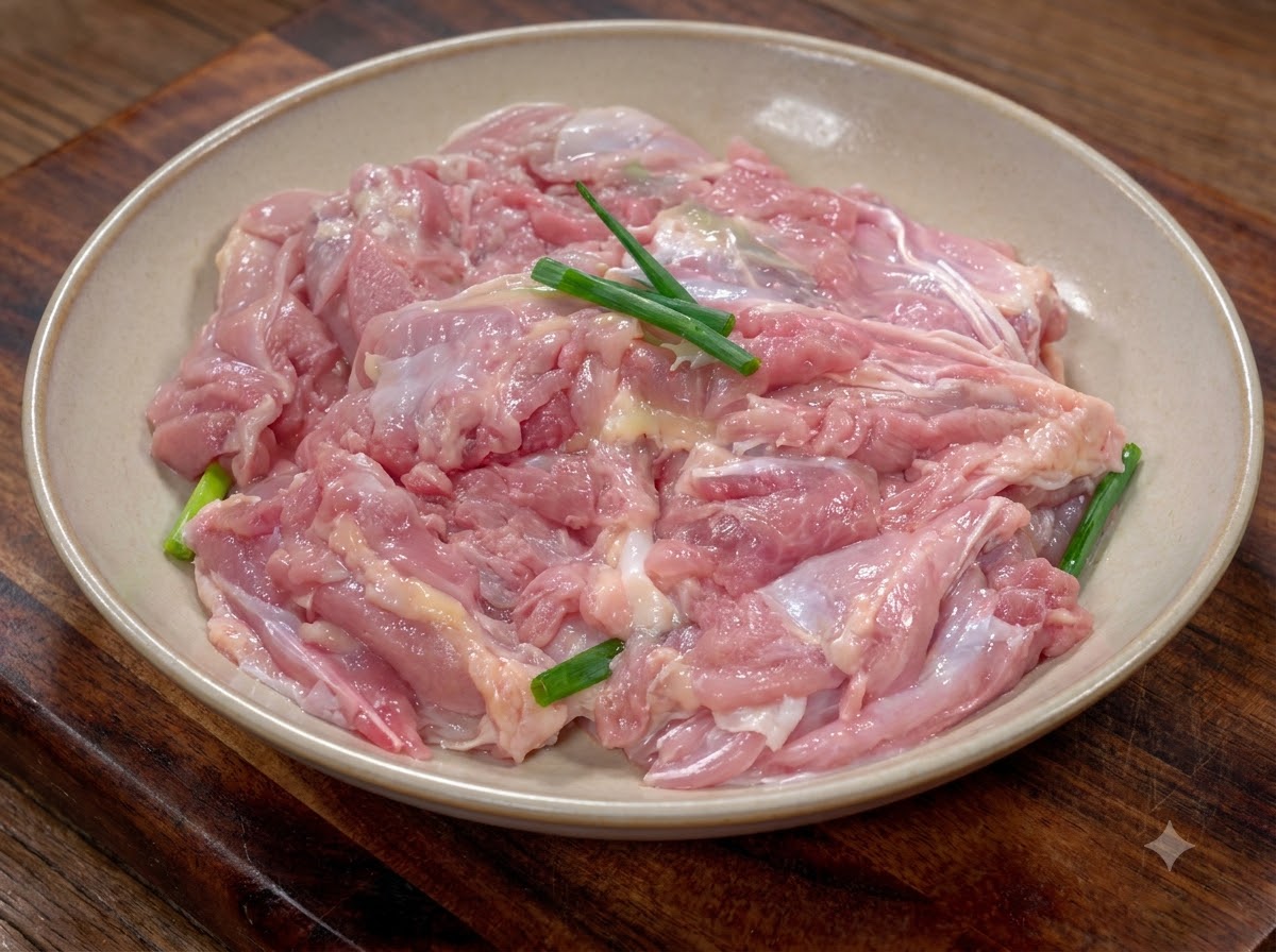 Une vue rapprochée de morceaux de poulet crus mélangés à des tranches doignon vert dans un bol beige.