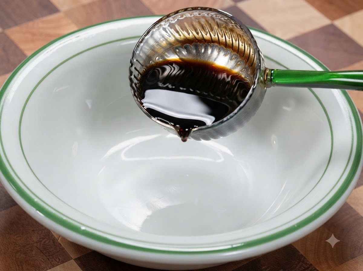 De la sauce soja foncée versée à partir dune louche dans un bol mélangeur.