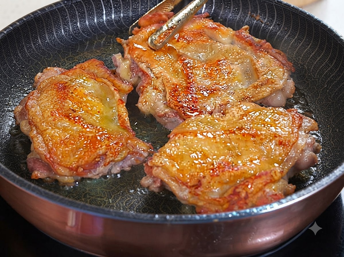 Trois cuisses de poulet dorées grésillant dans une poêle pendant que la sauce teriyaki y est versée.