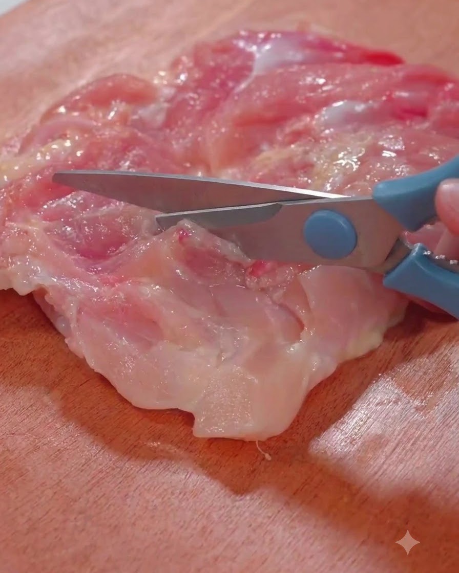 Utilisation de ciseaux de cuisine pour couper la viande de cuisse de poulet crue sur une planche à découper en bois.