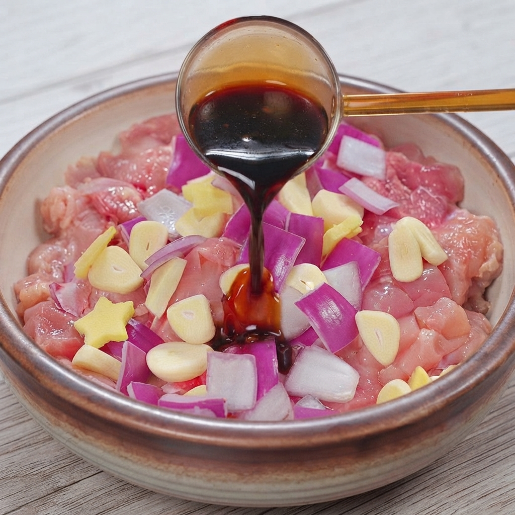 Versement de la sauce soja foncée à laide dune louche sur les morceaux de poulet cru et les aromates dans un bol.