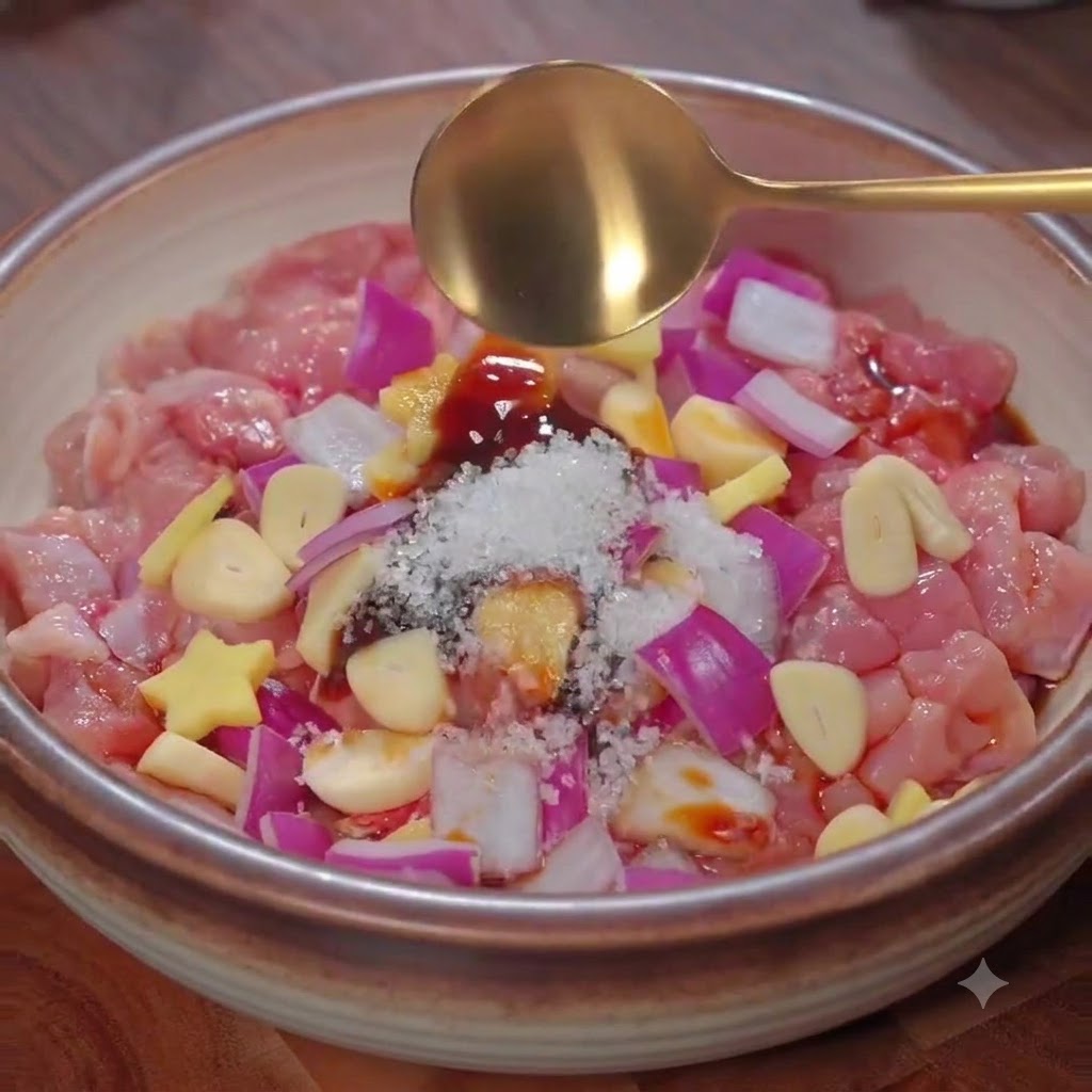 Ajout de sucre blanc et de poivre dans un bol de morceaux de poulet cru et daromates.