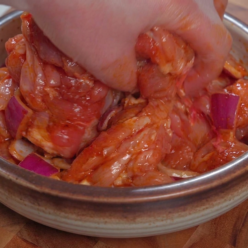 Main mélangeant soigneusement des morceaux de poulet cru avec la marinade teriyaki dans un bol.