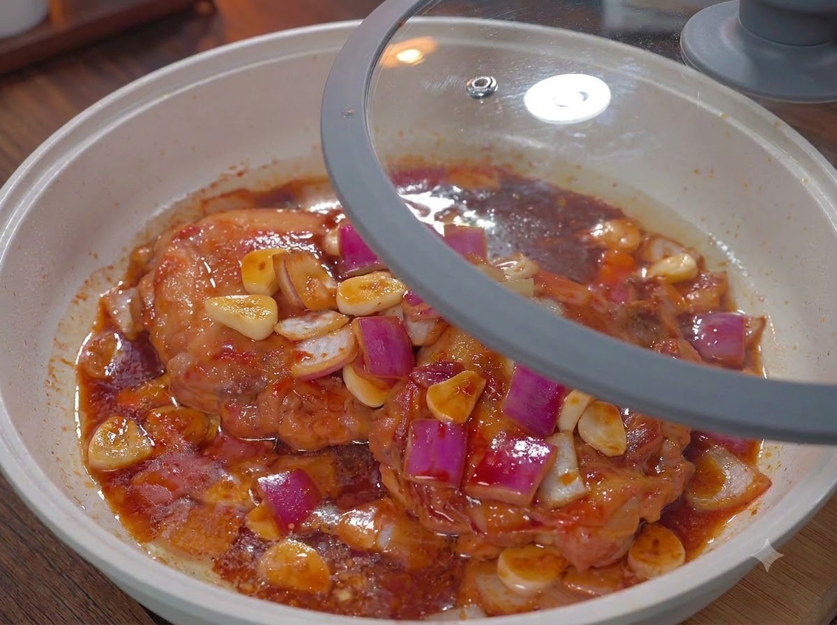 Couvercle en verre couvrant partiellement une poêle blanche remplie de poulet et de sauce mijotant.