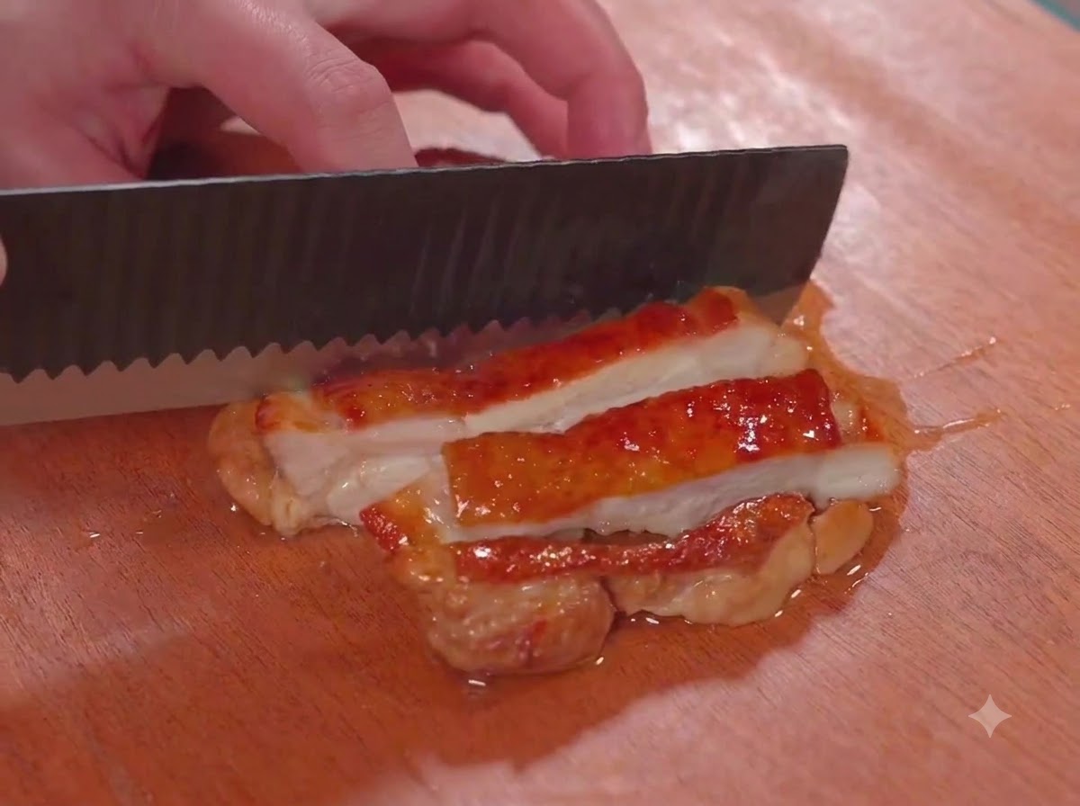 Couteau tranchant de la viande de cuisse de poulet glacée sur une planche à découper en bois.