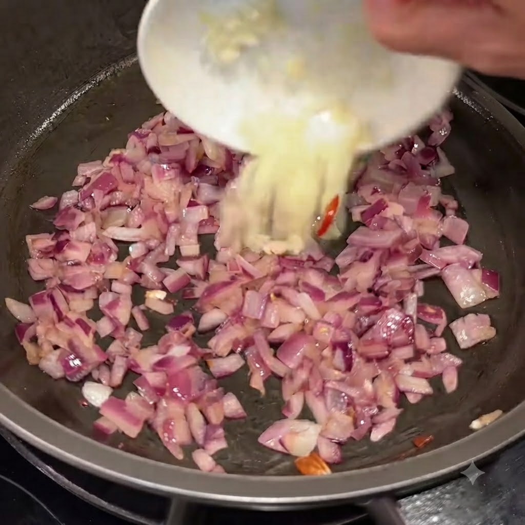 De lail émincé ajouté dans la poêle contenant les oignons rouges sautés.