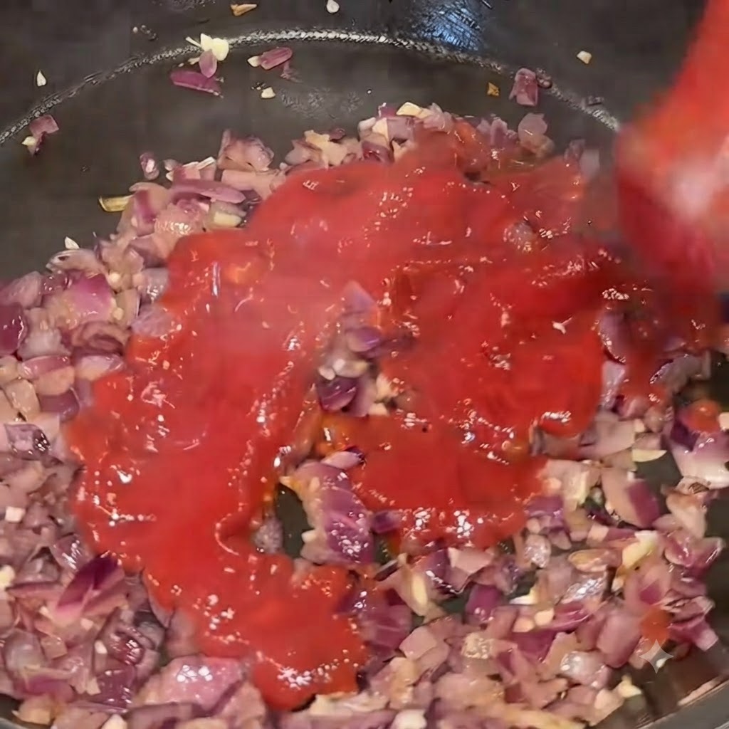 De la purée de tomates rouge versée directement dans la poêle sur les oignons et lail cuits.