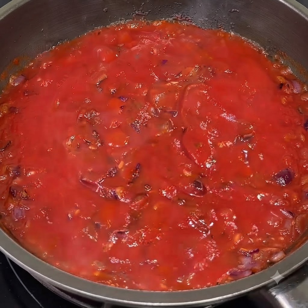 Une sauce tomate rouge et lisse mijotant dans la poêle après incorporation des assaisonnements.