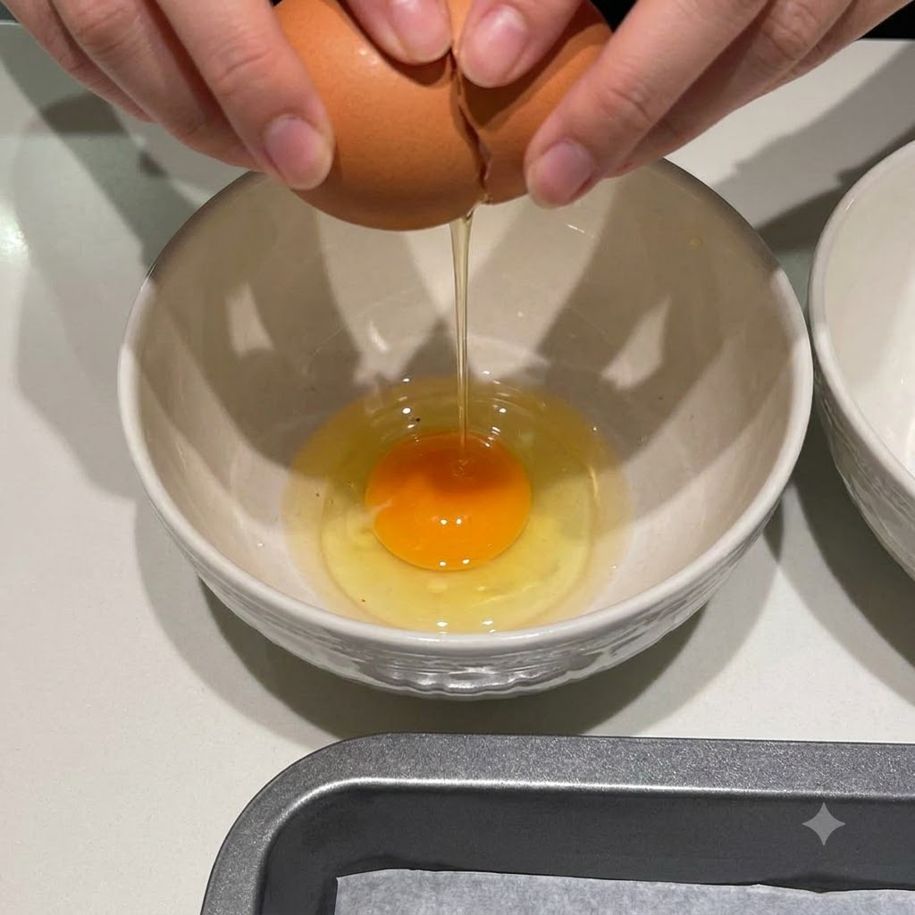 Un œuf cassé dans un bol mélangeur blanc avec le jaune au centre.