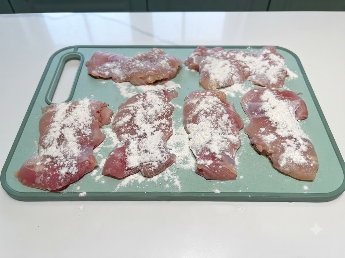 Des morceaux de poulet crus disposés sur une planche à découper verte avec une fine couche de farine.