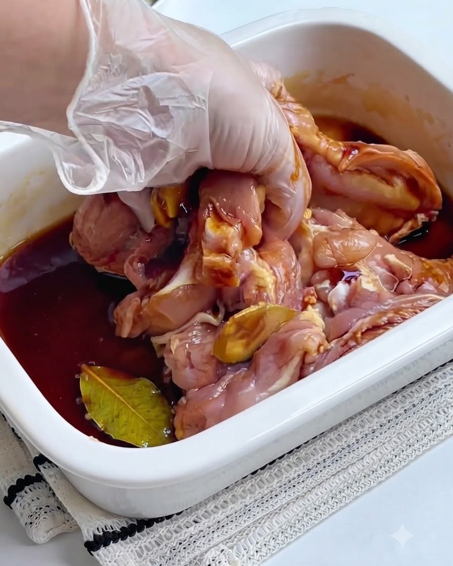 Une main gantée massant des hauts de cuisse de poulet crus dans un récipient blanc rempli dune sauce marinade foncée et de tranches de gingembre.