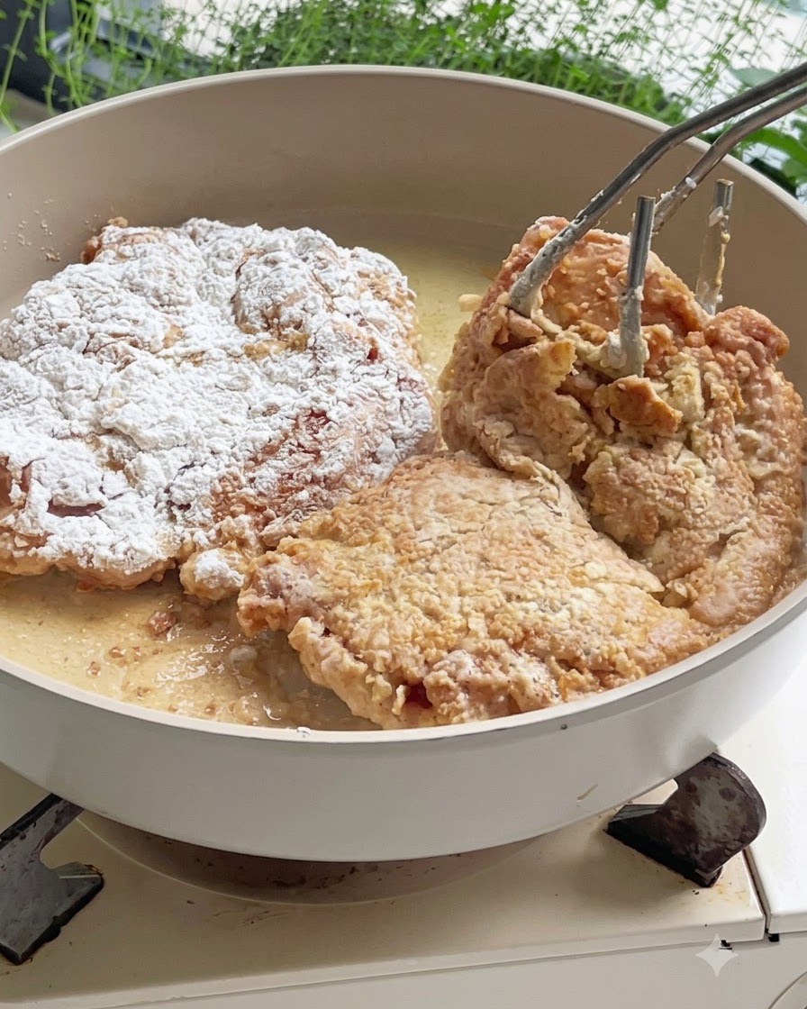 Plusieurs morceaux de poulet en train de frire dans de lhuile chaude à lintérieur dune poêle de couleur claire, retournés à laide de pinces métalliques.