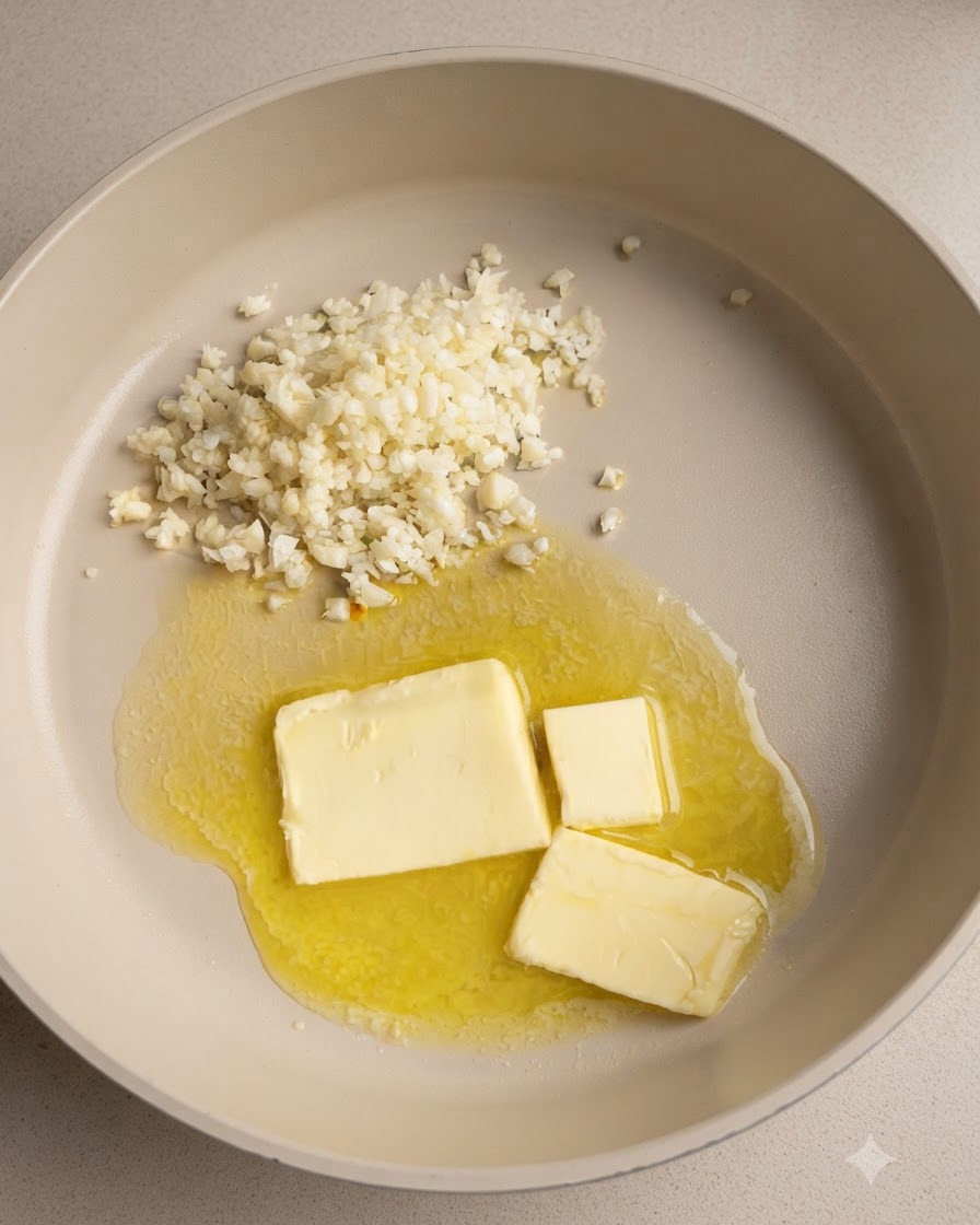 Ail émincé en train dêtre sauté aux côtés du beurre fondante dans une poêle de cuisson.