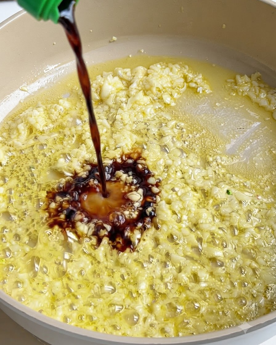 Sauce foncée versée dune bouteille dans une poêle bouillonnante dail et de beurre.