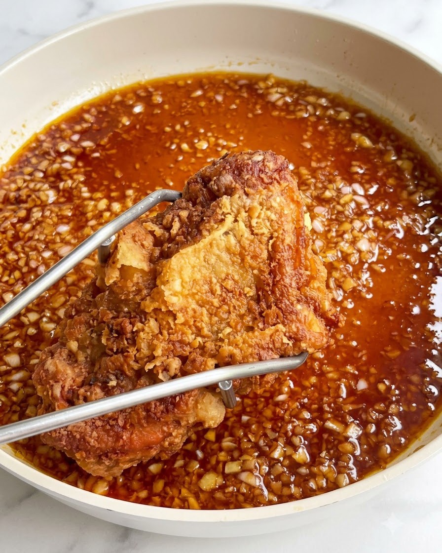Une côte de poulet frite croustillante tenue par des pinces au-dessus dune poêle remplie de sauce soja à lail bouillonnante.