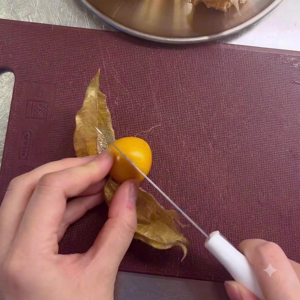 Une main utilisant un petit couteau blanc pour trancher une groseille à maquereau jaune sur une planche à découper marron.