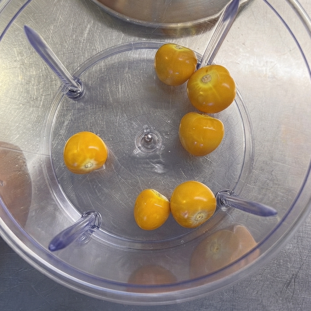 Plusieurs groseilles à maquereau jaunes éparpillées au fond dun bol de mixeur en plastique transparent.