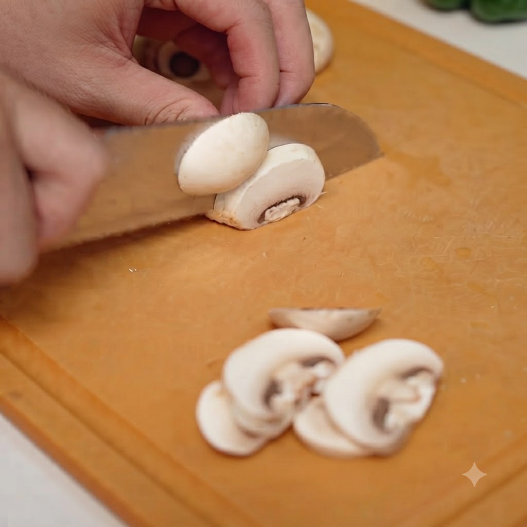 Une main utilisant un couteau pour trancher des champignons de Paris frais sur une planche à découper en bois.