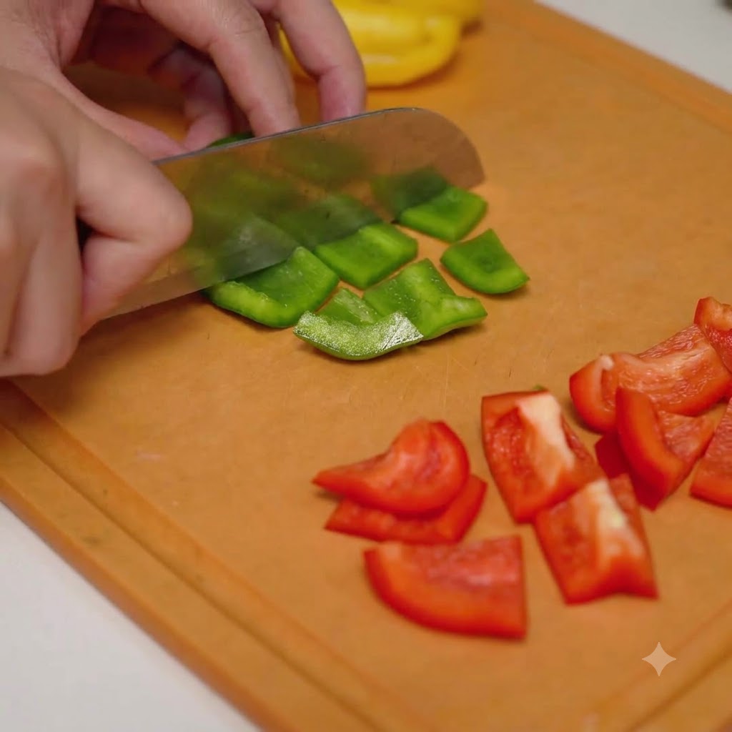 Une main tranchant des poivrons verts et rouges en petits morceaux carrés sur une planche à découper en bois.