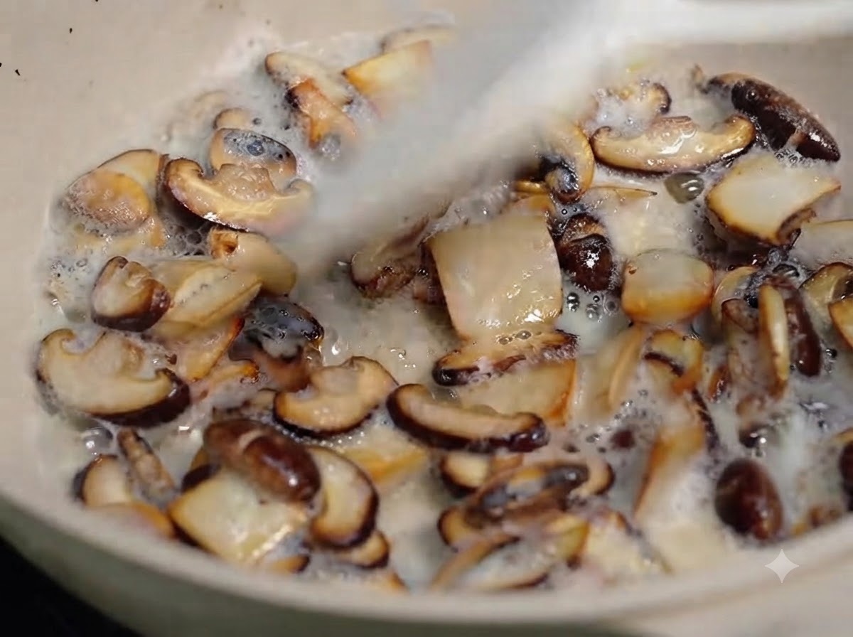 Des poivrons colorés fraîchement coupés ajoutés à une poêle de champignons grésillants.