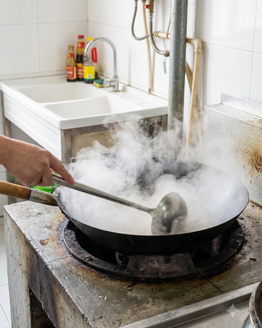 Un wok rempli deau bouillante et de vapeur dense, avec une louche de cuisine posée à lintérieur.