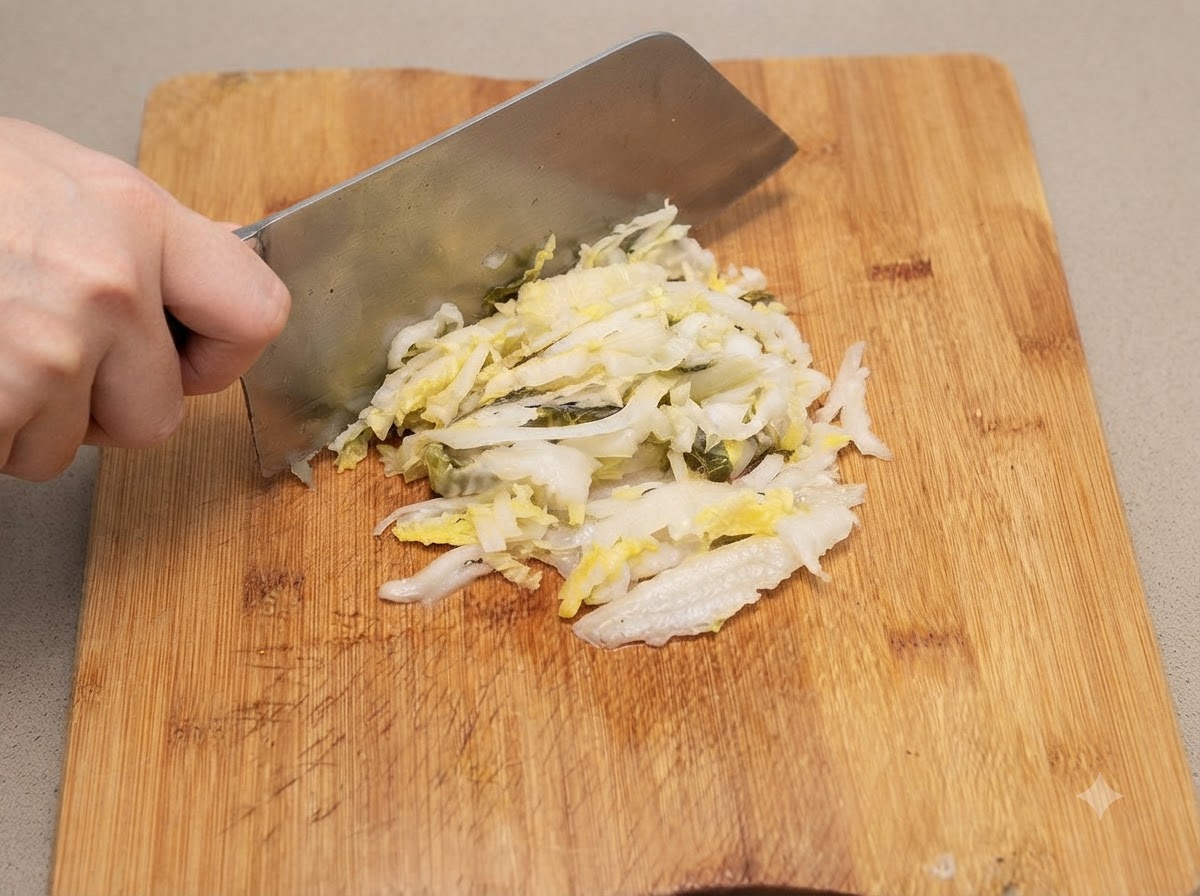 Du chou fermenté en train dêtre coupé en fines lanières avec un couteau sur une planche à découper en bois.