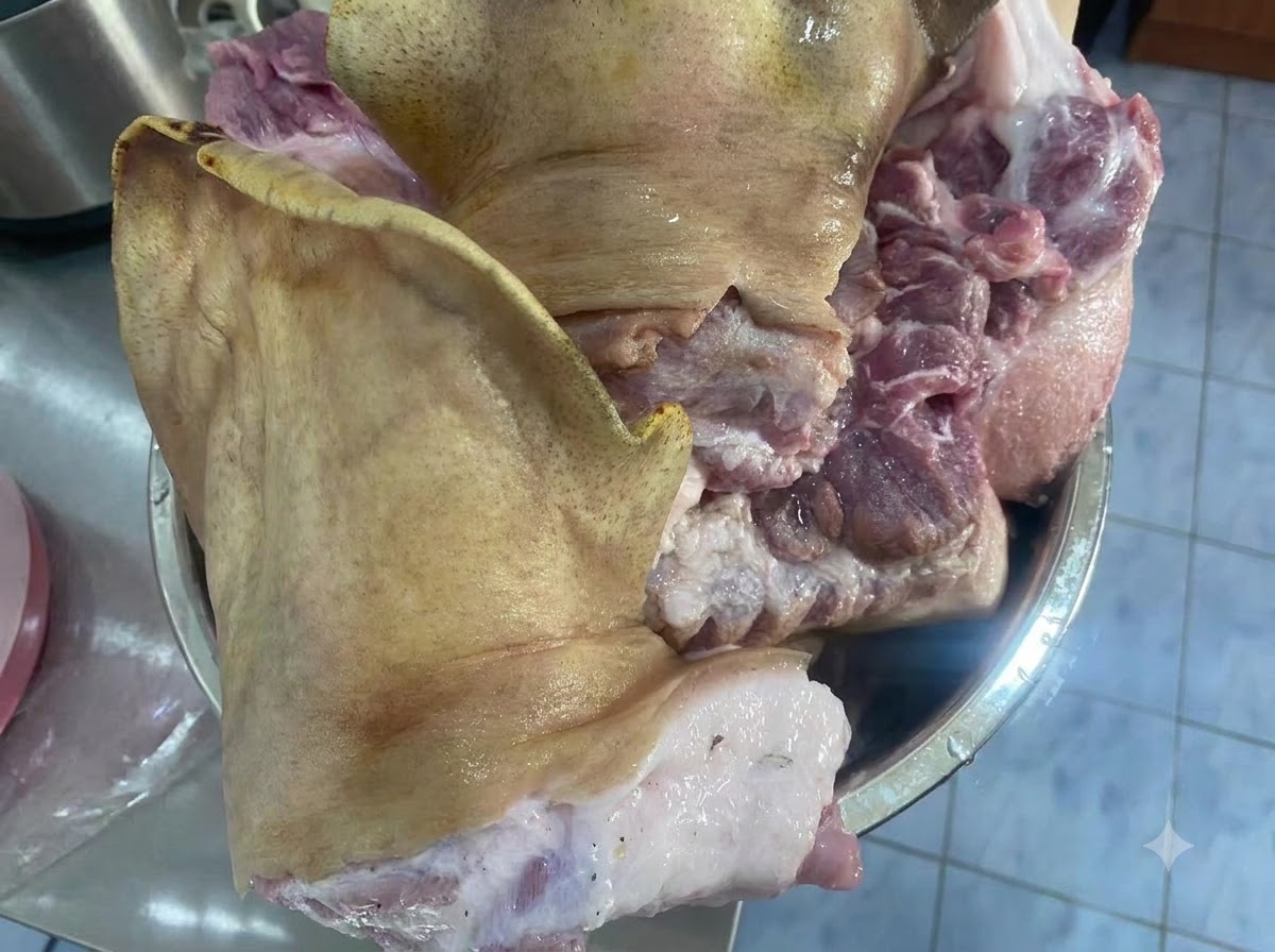 Grands morceaux de tête de porc cru reposant dans un bol en métal sur un plan de travail.