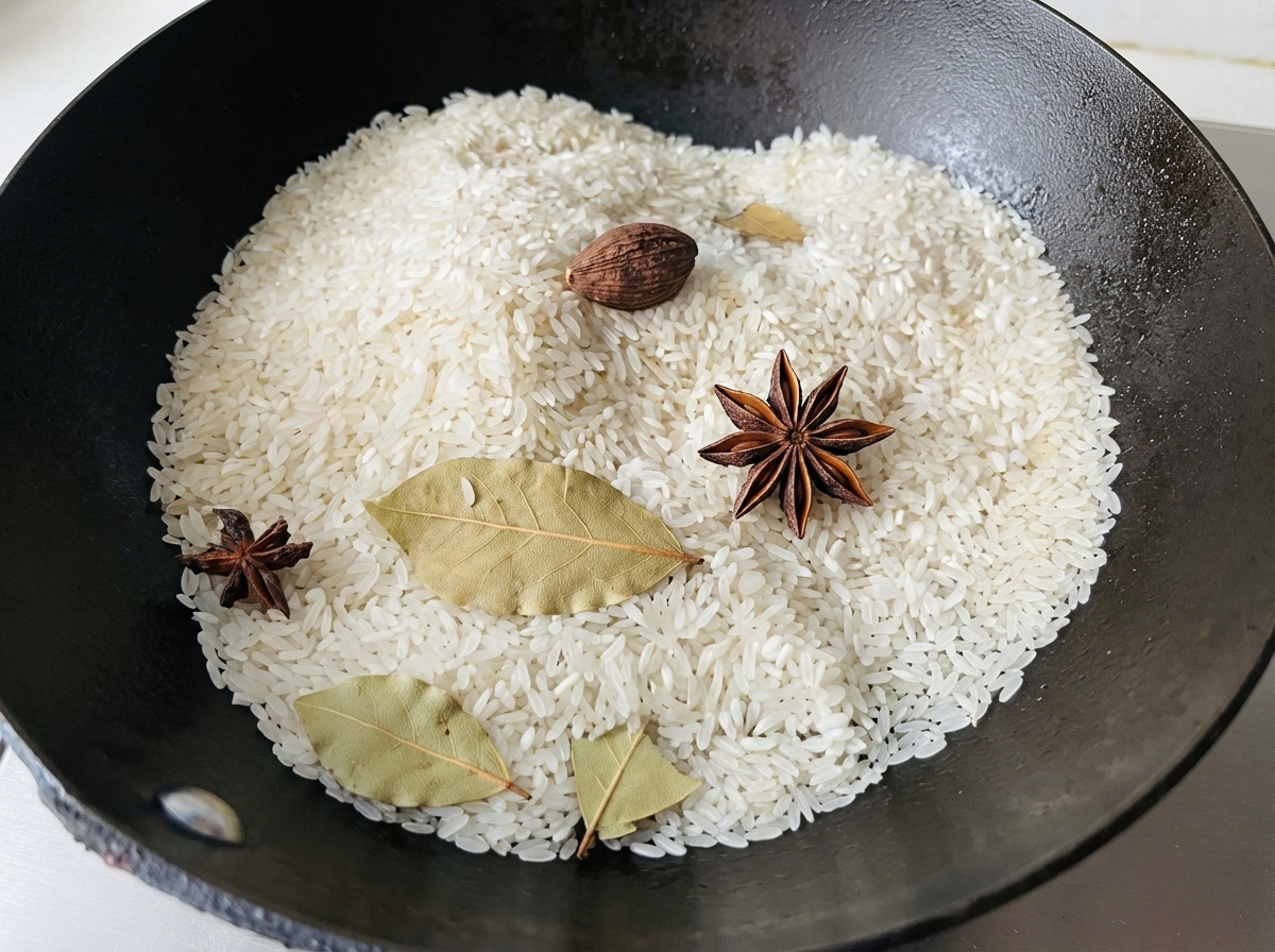Grains de riz blanc cru mélangés à de lanis étoilé entier, de la grande cardamome et des feuilles de laurier dans un wok sombre.