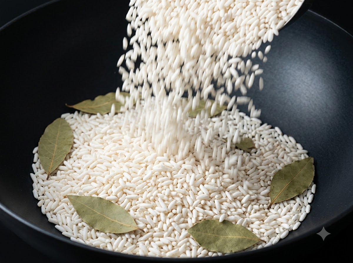 Grains de riz frits versés dans un wok contenant davantage de riz et dépices.