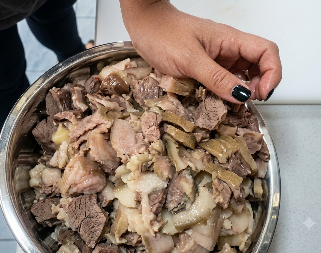 Alcool blanc à fort degré versé sur des morceaux de porc coupés à lintérieur dun grand bol en acier.